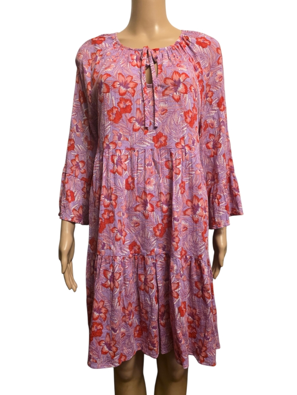 Draper James Lilac & Red Floral Tie-Neck Tiered Bell Sleeve Babydoll Dress M